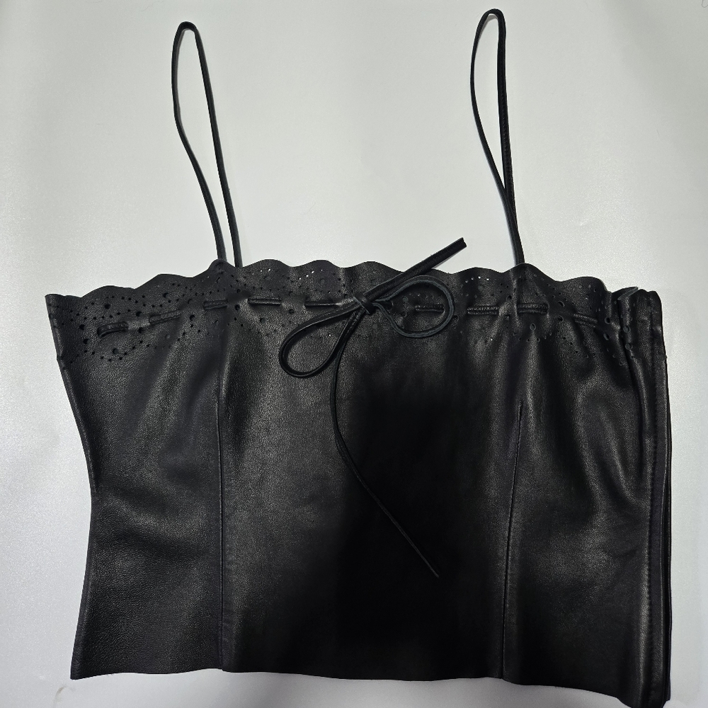 Saks Fifth Avenue 5/48 Leather Tank Top Size 6 Y2K Coyote Ugly 2000s Scalloped